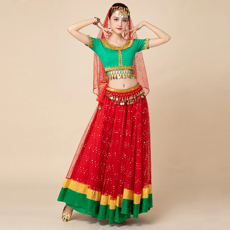 

Colored Belly Dance Outfits Indian Dance Festival Holiday Clothes Bollywood Costume Top Belt Skirt Sari 4pcs Set Performance