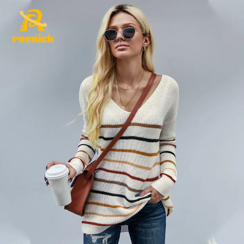 

ROENICK Women V-Neck Contrast Color Pullover Sweaters Female Autumn Winter Long-Sleeve Striped Knitted Tops Thin Loose Jumpers