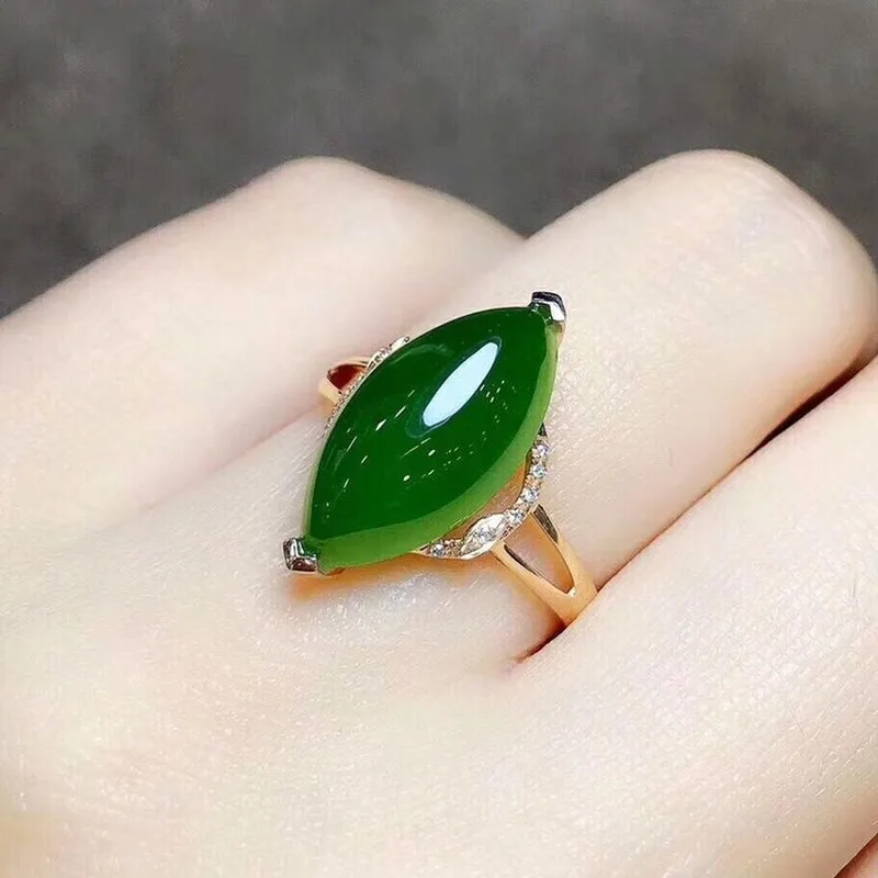 

Anel de polpa de jade verde natural, esculpido à mão com gota de água, joia boutique da moda, abertura ajustável de anel de prat