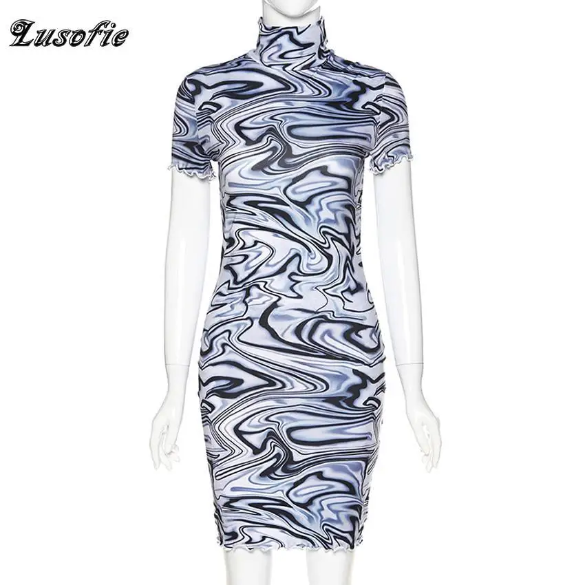 Сексуальное черное платье Lusofie в полоску с высоким воротником и коротким рукавом