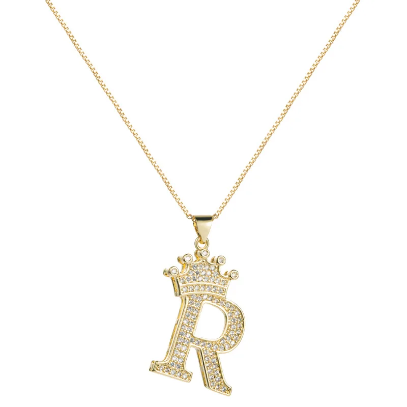 

Fashionable brass color-preserving electroplated zircon pendant clavicle chain 26 English crown letters ladies necklace