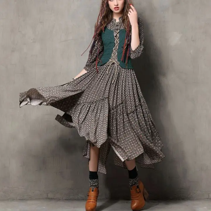 

TEELYNN Flord Printed Vintage Court Wind Dress Women Long Sleeve A Line Falbala Maxi Dresses Plate Buckle Belt Waist Boho Dress