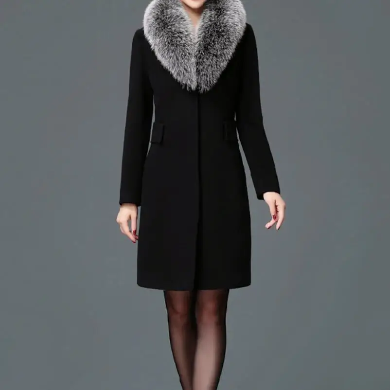 

Autumn And Winter Women's Fashion Korean Casual Slim Single-breasted Mid-length Fur Collar Woolen Coat M-3XL
