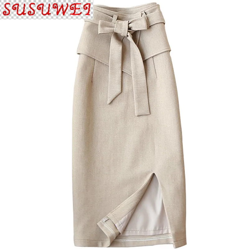

Autumn and Winter New Korean Style Wild High Waist Mid-length Faux Woolen Office Skirt Female One-step Split Skirt High Quality