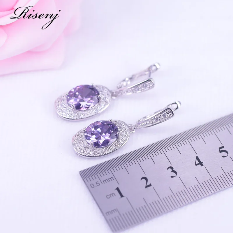 Ожерелье и серьги кольцо серебро 925 пробы Овальный Фиолетовый Циркон аметист