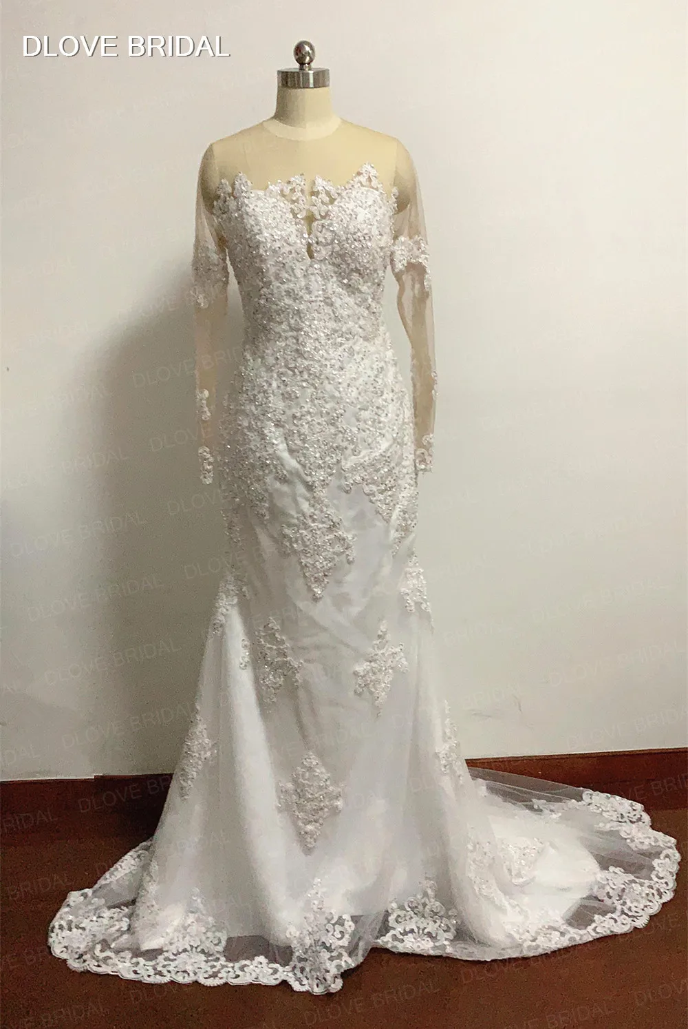 

Illusion Long Sleeve Wedding Dress Heavy Crystal Beaded Sheath Lace Vestido De Noiva High Quality Bridal Gown Real Photos