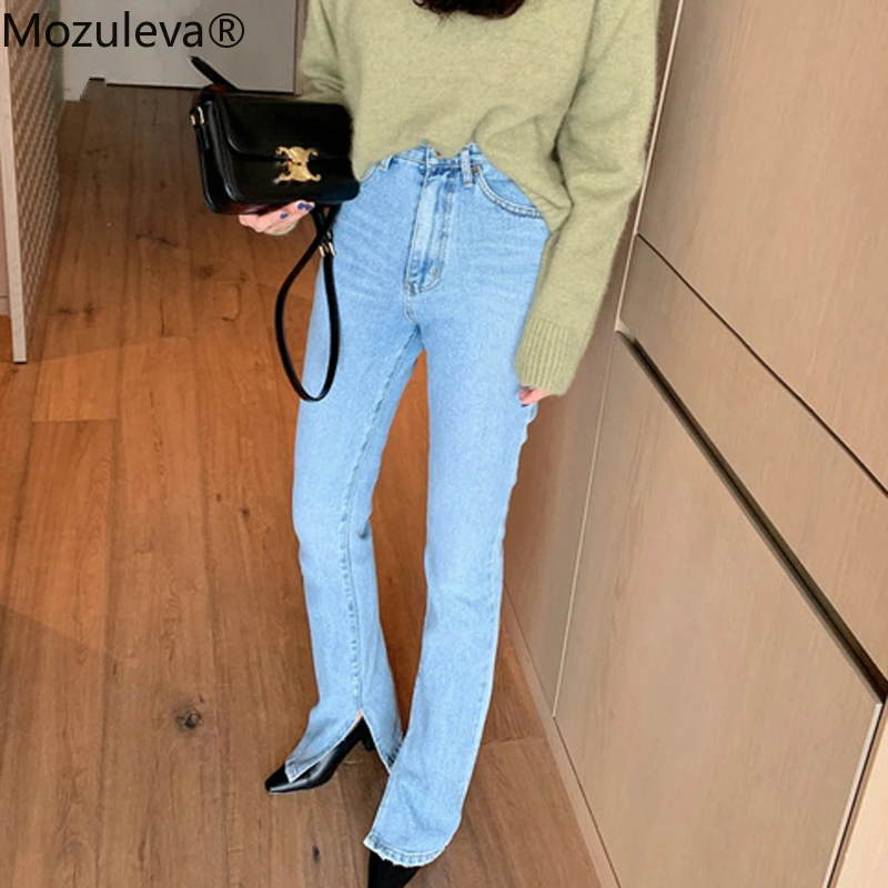 Mozuleva винтажные расклешенные джинсы синие с высокой талией на пуговицах в пол