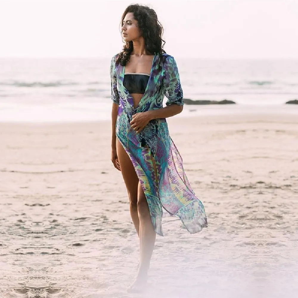 Шифоновая Пляжная накидка туники для пляжа на бикини с принтом пляжная одежда