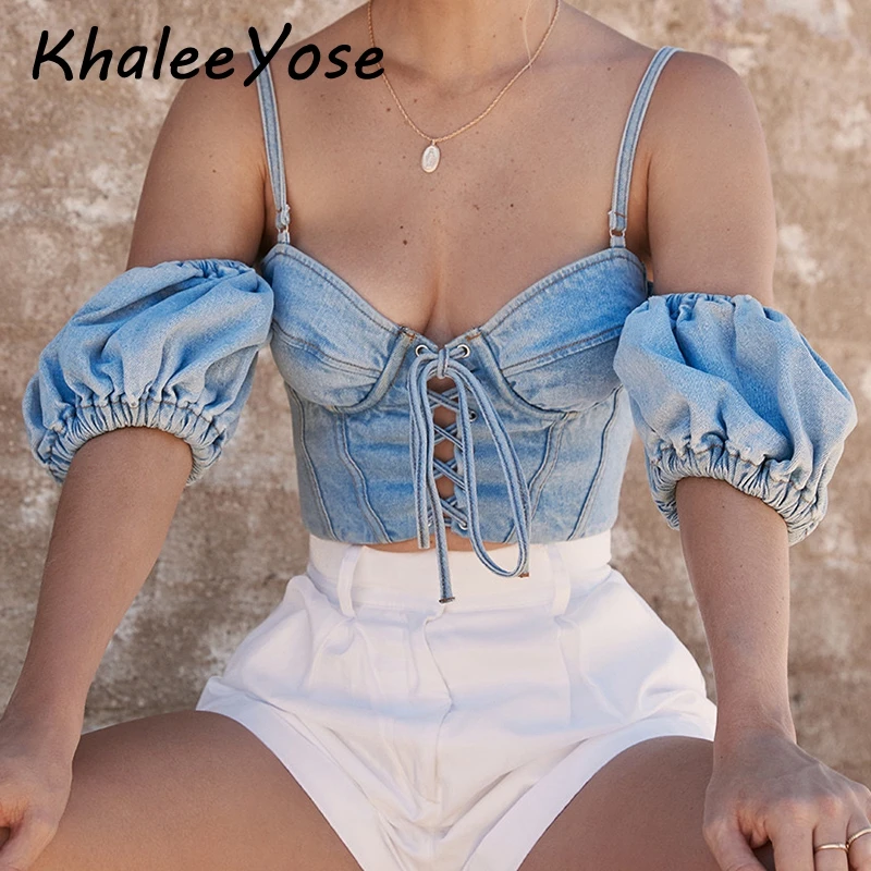 KHALEE YOSE сексуальный Джинсовый укороченный топ блузки для женщин праздничная