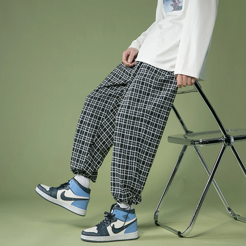 

Summer Casual Pants Men's Fashion Retro Plaid Pants Men Streetwear Loose Hip-hop Wide-leg Pants Mens Thin Straight Pants S-2XL