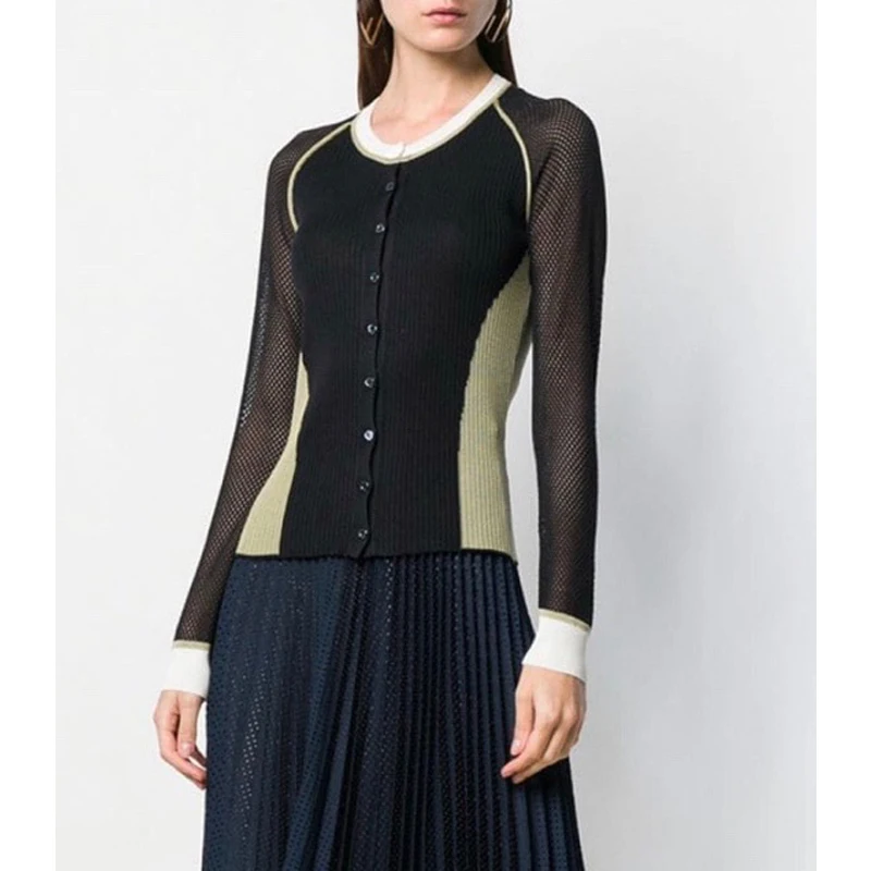 

Женский Короткий трикотажный кардиган, облегающий контрастный лоскутный кардиган с длинными рукавами и вырезами, цвет 10.21, новинка 2021