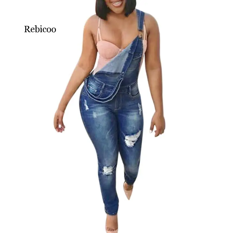 

Женский джинсовый комбинезон Rebicoo, комбинезон с дырками на лямках и брюках, быстрая доставка
