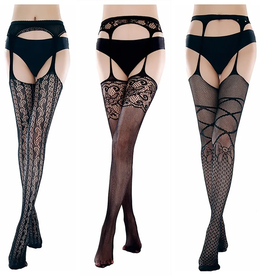 3 шт./лот Женские полосатые эластичные прозрачные черные ажурные чулки с вышивкой