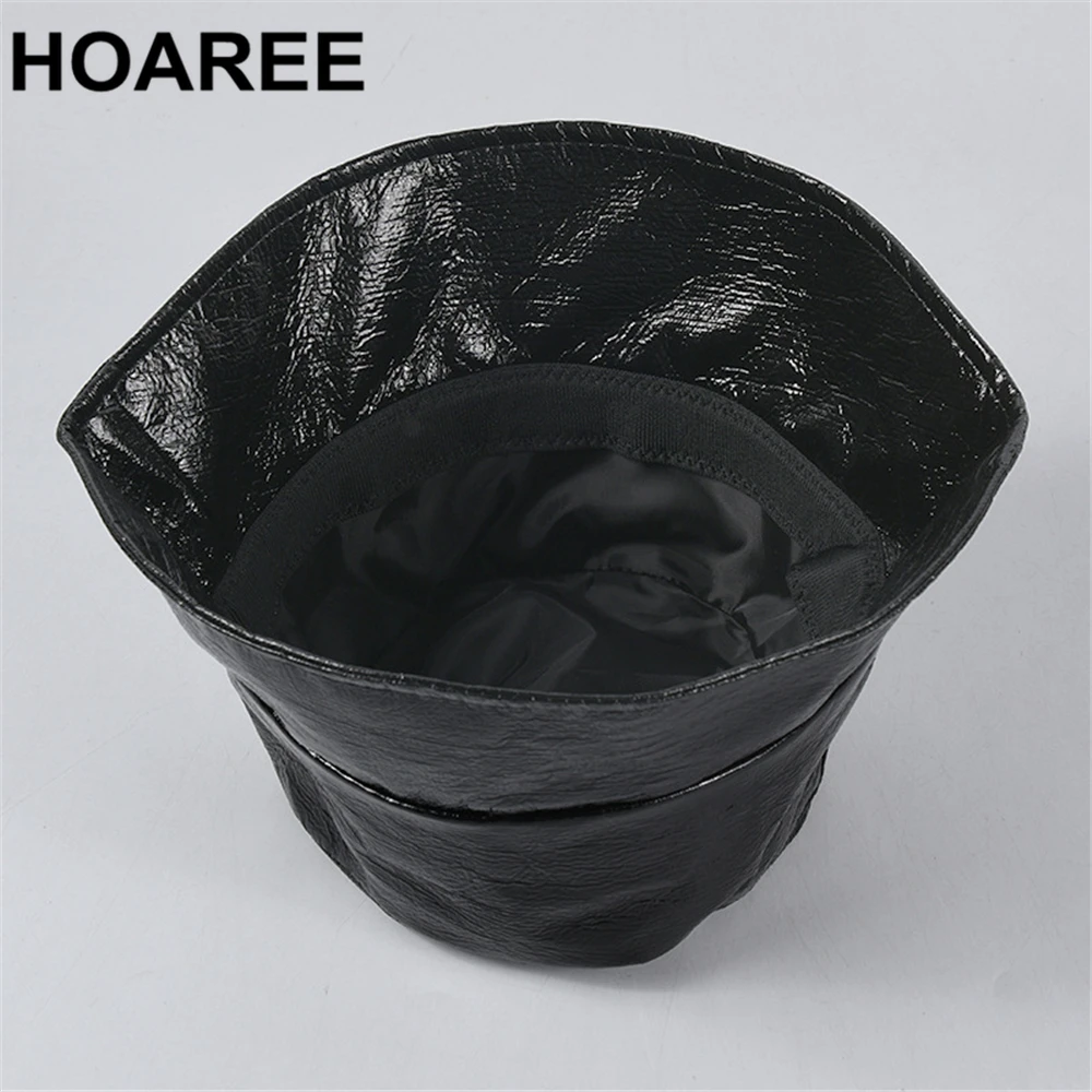 HOAREE Leather Bucket Hat Women Black Pu Female Harajuku Hat Autumn Winter Ladies Brand Solid Casual Fisherman Hat