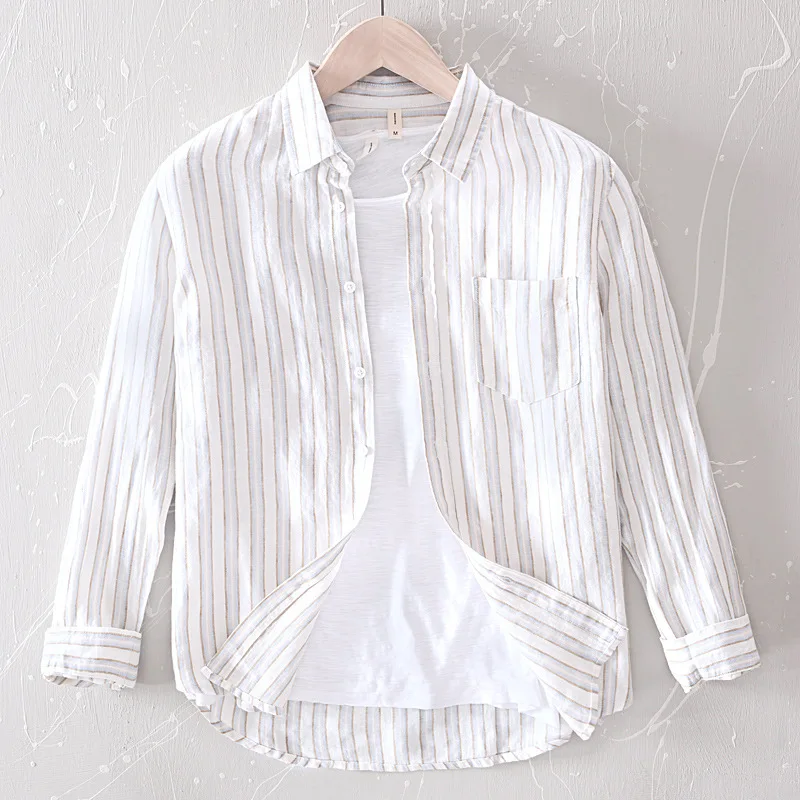 

2021 men's long sleeve striped with pocket 100% pure linen casual shirts men white coffee khaki breathable summer shirt