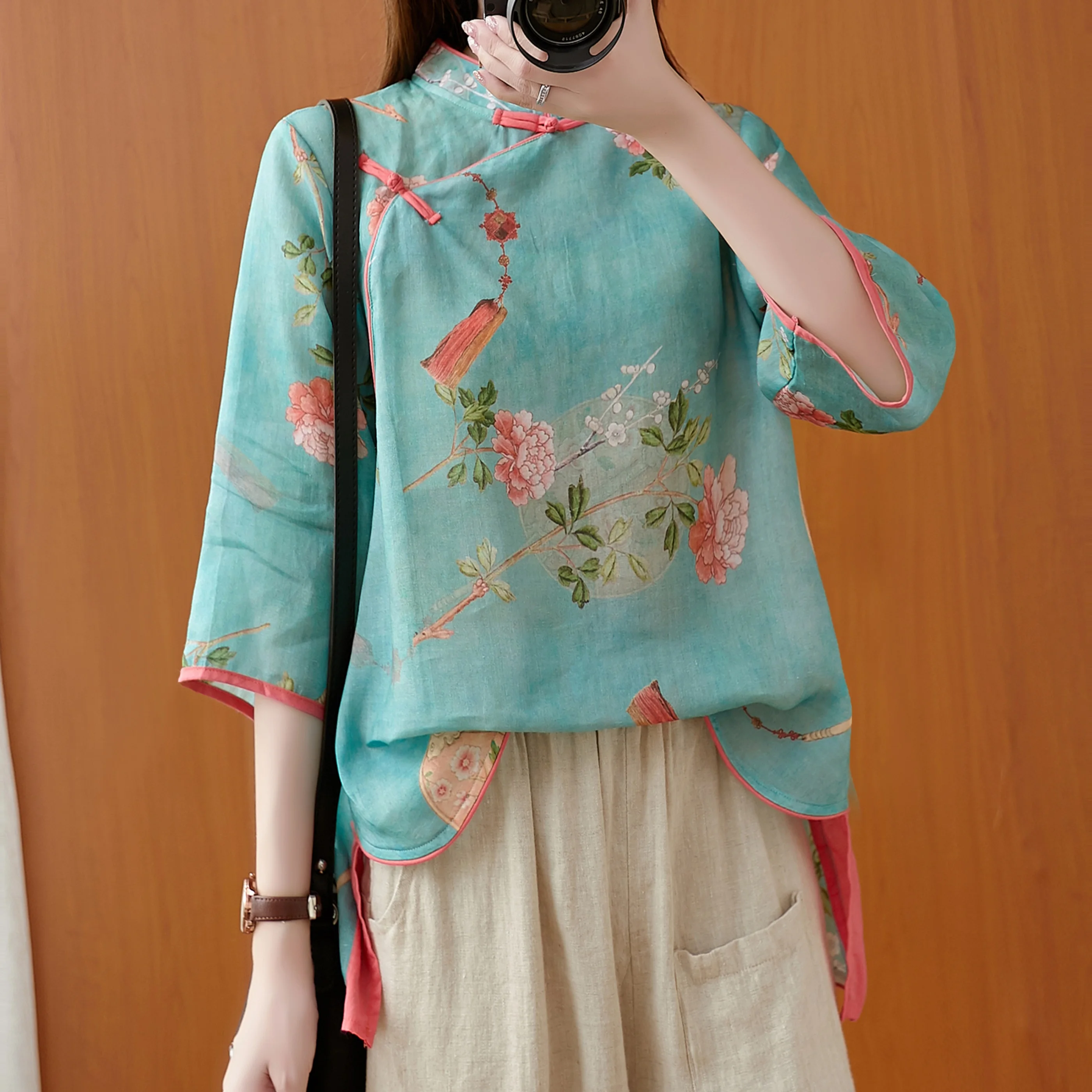 

Chinese Style Shirt 2020 Autumn Summer Cotton Linen Printed Flower Short Tea Zen Clothes Women Loose Top Ladies Chinese Blouse