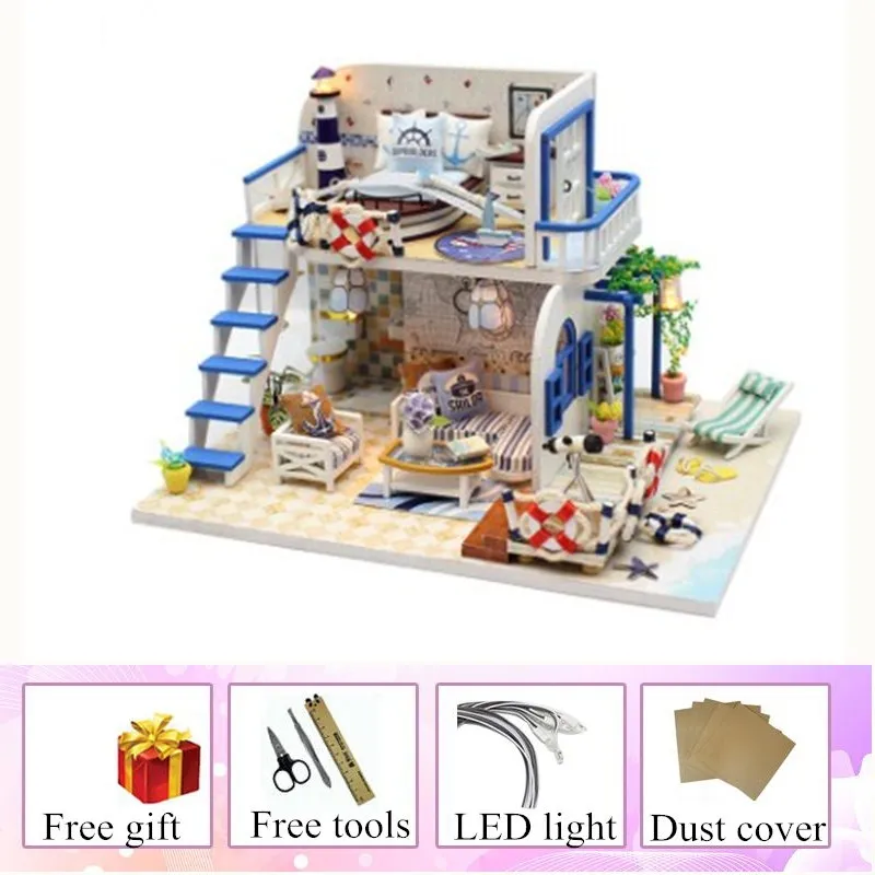 house and dust cover BLUE COAST Кукольный дом Миниатюрный Кукольный домик DIY деревянный дом с мебели Развивающие игрушки для детей подарок на день рождения ребенка - Цвет: house and dust cover
