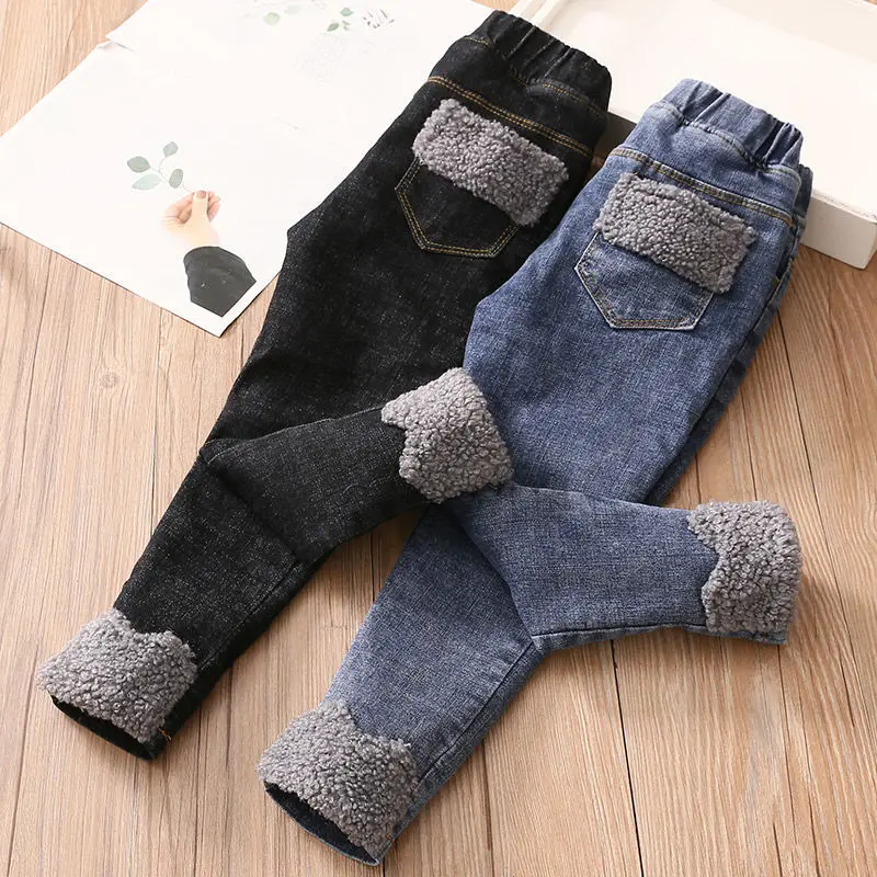 

Fashion Children Girls New Winter Warm Thick Denim Pants Casual Plus Velvet Warm Jeans Pants Children Trousers Blue Dark grey