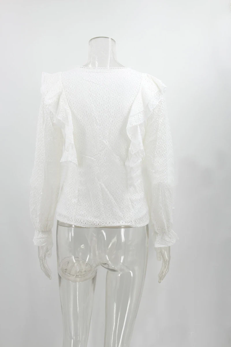 

Fashion Tops Shirt Women Solid Sheer Lace Hollow Out V Neck Shirts Blouse Female White Elegant Ruffle Blusas Ladies Clothes