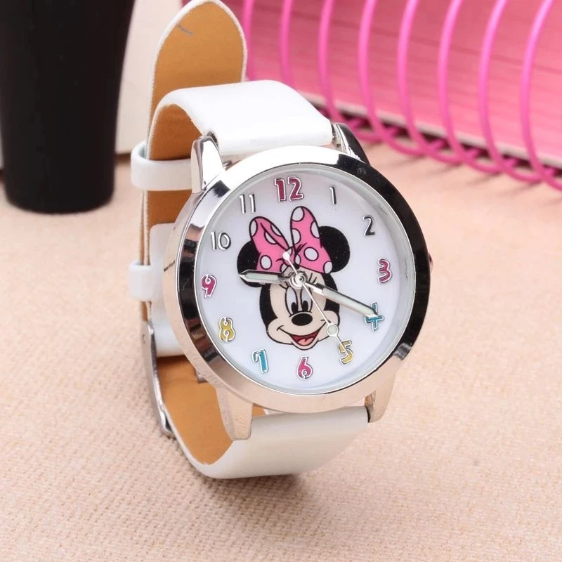 

New Arrival High Quality Cartoon Beautiful Girls Minnie Mouse Style Children Students Leather Quartz Kids Watch