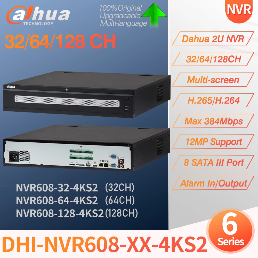 

Сетевой видеорегистратор Dahua Original NVR608-32-4KS2 NVR608-64-4KS2 NVR608-128-4KS2 32/64/128 CH 2U Ultra H.265 4K 320 Мбит/с MAX