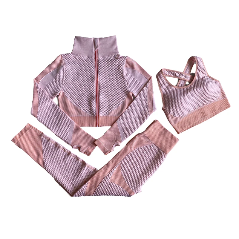 

Women Seamless Yoga Set Sports Workout Clothing Gym Fitness Long Sleeve Crop Top High Waist Sport Leggings Bra 2 piece set women