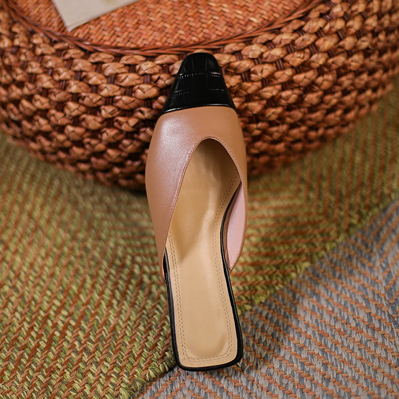 

Top Quality Women slippers Band Genuine Leather Shoes Woman Mixed Colors Office Lady Thick low Heels Pumps For Women