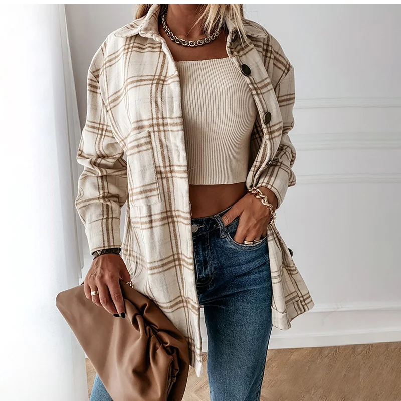 

Женская длинная рубашка в клетку, Повседневная белая рубашка с длинным рукавом и карманами, на пуговицах, с воротником, Осень-зима 2021