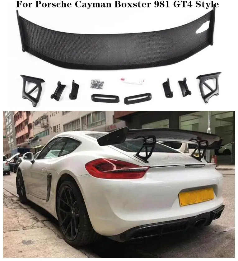 

High quality ABS Black & Carbon Fiber Car Rear Trunk Lip Spoiler Wing Fits For Porsche 981 Cayman Boxster GT4 Style 2013-2016