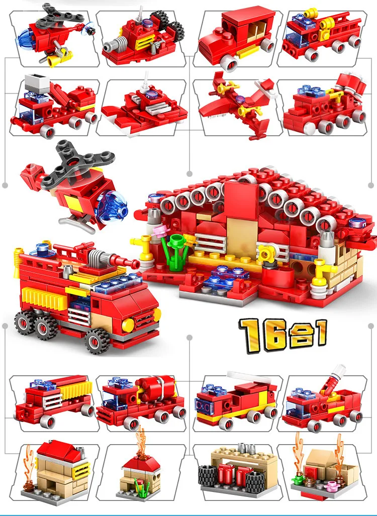 16 шт./партия детский Конструктор пожарная станция