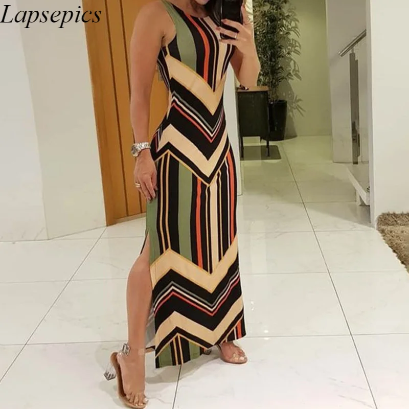 

Women Dress Sexy Split Sleeveless Colorful Striped Print Side Slit Maxi Dress Women Colorblock Long Dresses Sexy Dress