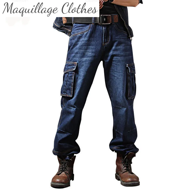 

Мужские повседневные мешковатые джинсовые брюки, одежда для работы с несколькими карманами, мотоциклетные брюки-карго из денима, байкерски...