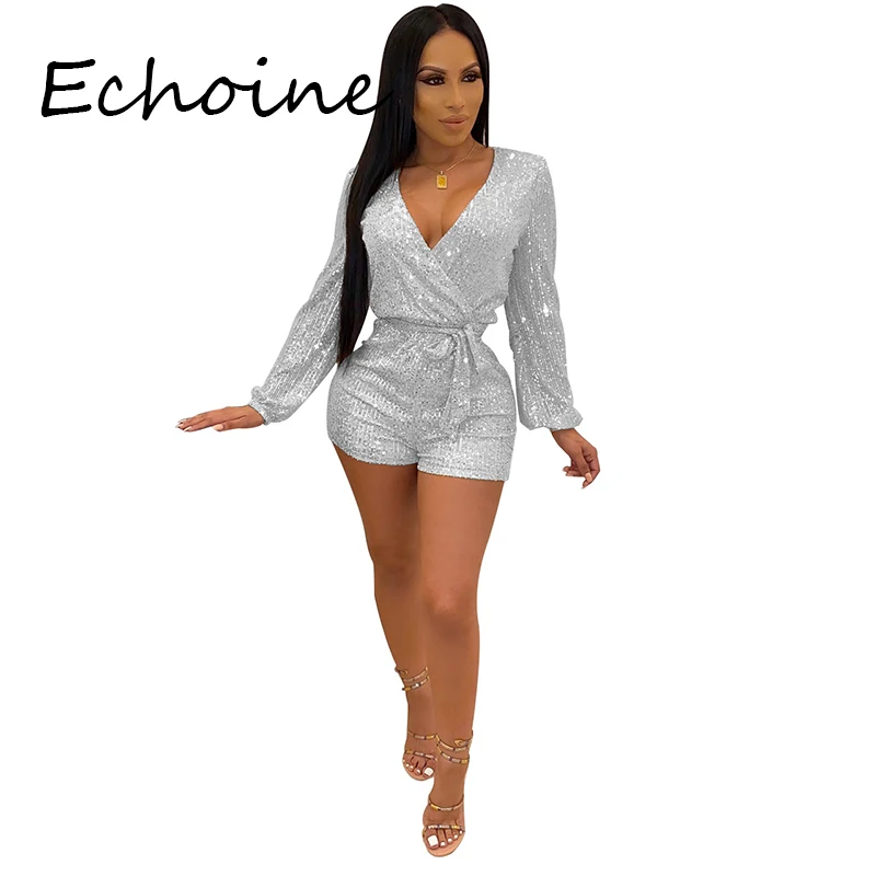 Сексуальный комбинезон с блестками и глубоким v образным вырезом боди длинным