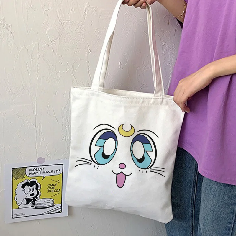Сейлор Мун кошка милая сумка на плечо Новинка Harajuku мультфильм печати холщовые сумки колледж открытый карман Большая вместительная сумка женская сумка