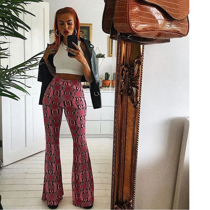 High Waist Snake Skin Long Flare Pants Leggings Sexy Slim Women Fashion Wide Leg Trousers Capris Pantalones | Женская одежда