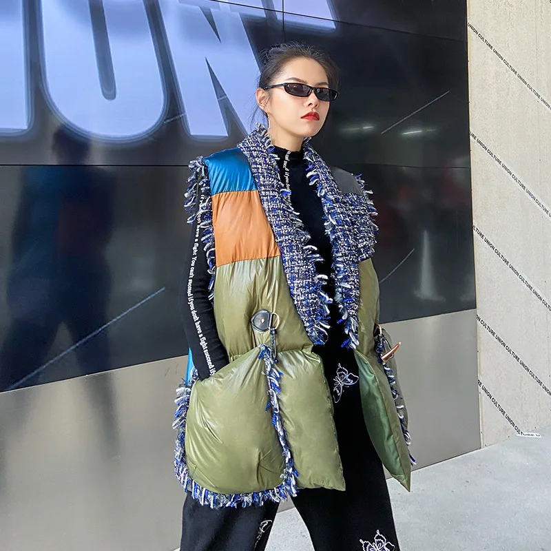 

Thick Loose Oversized Streetwear Vests Female 2021 New Winter Patchwork Tassel Sustans Vest For Women V Neck Sleeveless