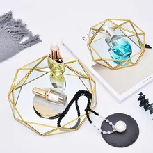 Nordic Multi-function Golden Cosmetics Jewelry Storage Tray Geometric Round Glass Jewelry Cake Dessert Plate Storage Tray