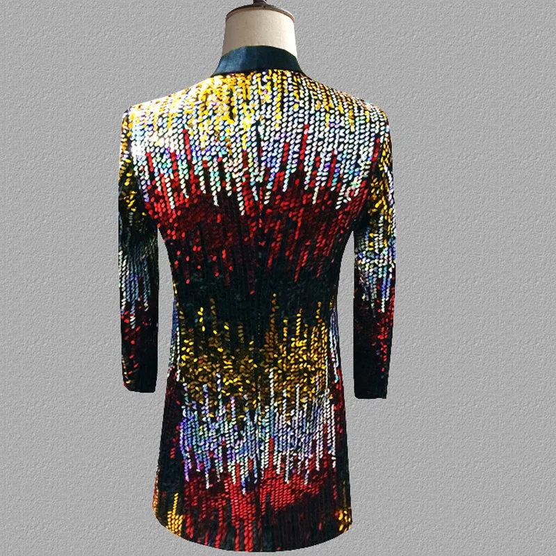 

Colorful Long Sequin Blazer Costume Men's Stage Performance Dress Jacket Nightclub Bar Hosts Singer Drama DJ Suit Jacket Men 5XL