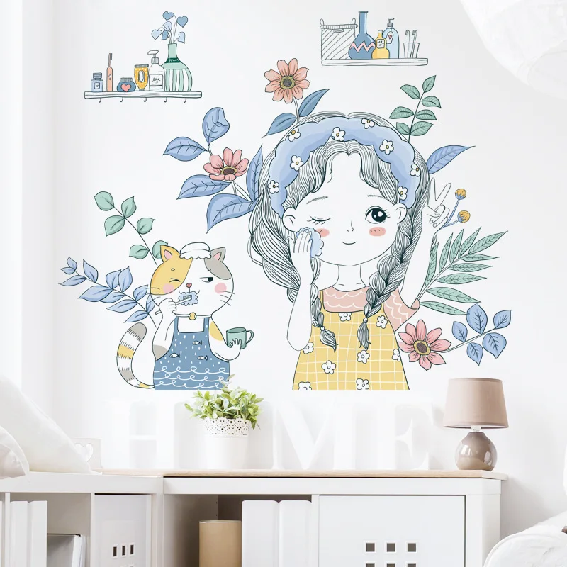 

Girls Dormitory Decoration Decor Banana Leaf Plant Background Stickers Sofa Cat Flowers Bedroom Self-adhesive Wall Stickers
