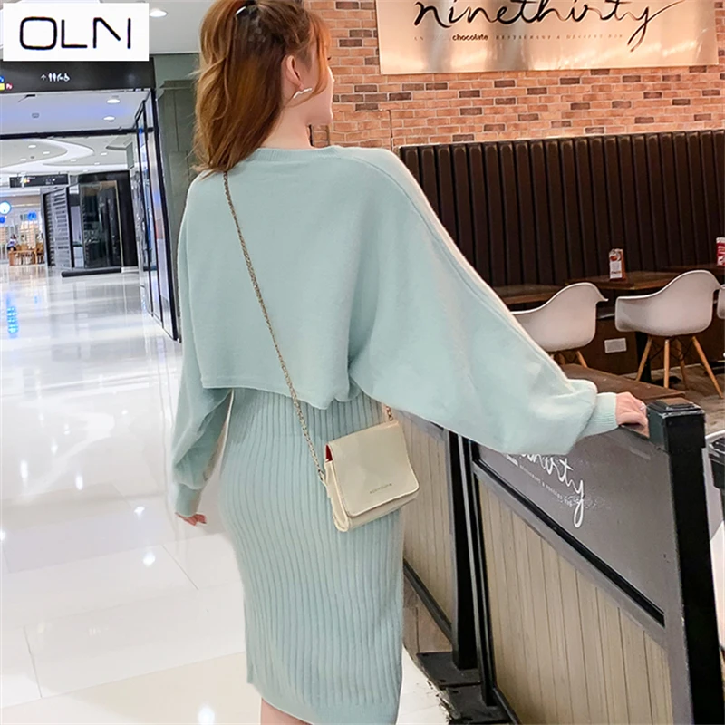 Осеннее платье OLN корейский vestidos Новое поступление Зимний трикотажный шерстяной костюм платье-свитер женский из двух предметов