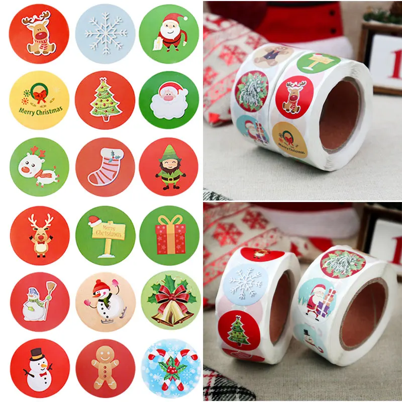 

500Pcs/roll Merry Christmas Stickers New Year Gift Packing Sealing Sticker Christmas Decoration Adhesive Lable DIY Scrapbooking