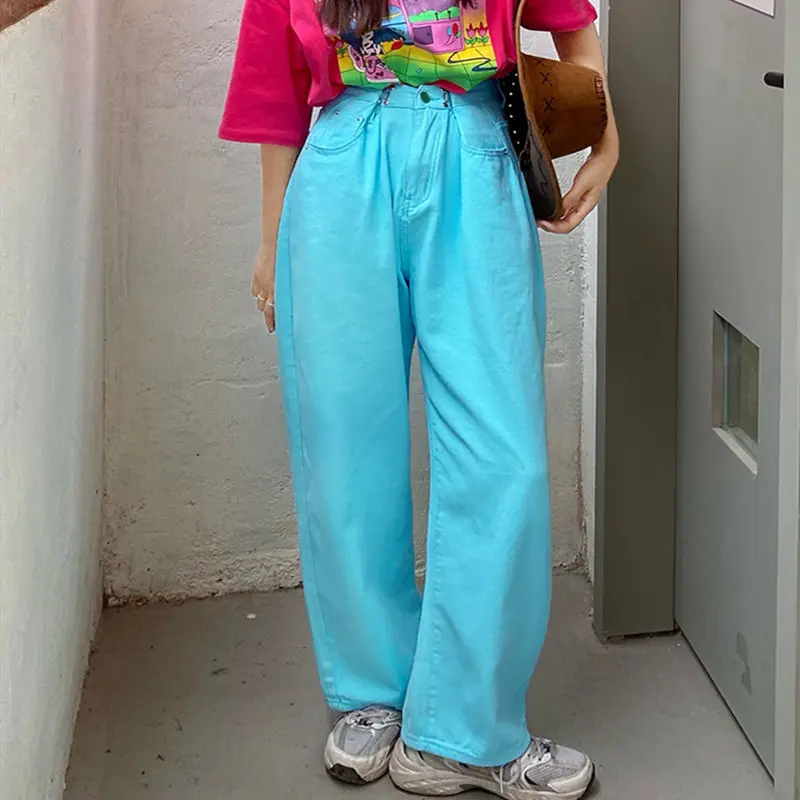 

Autumn Women High-waist Straight Jeans 2021 Harajuku Loose Blue Street Apparel Trousers Mopping Mother Washed Solid Color Pants