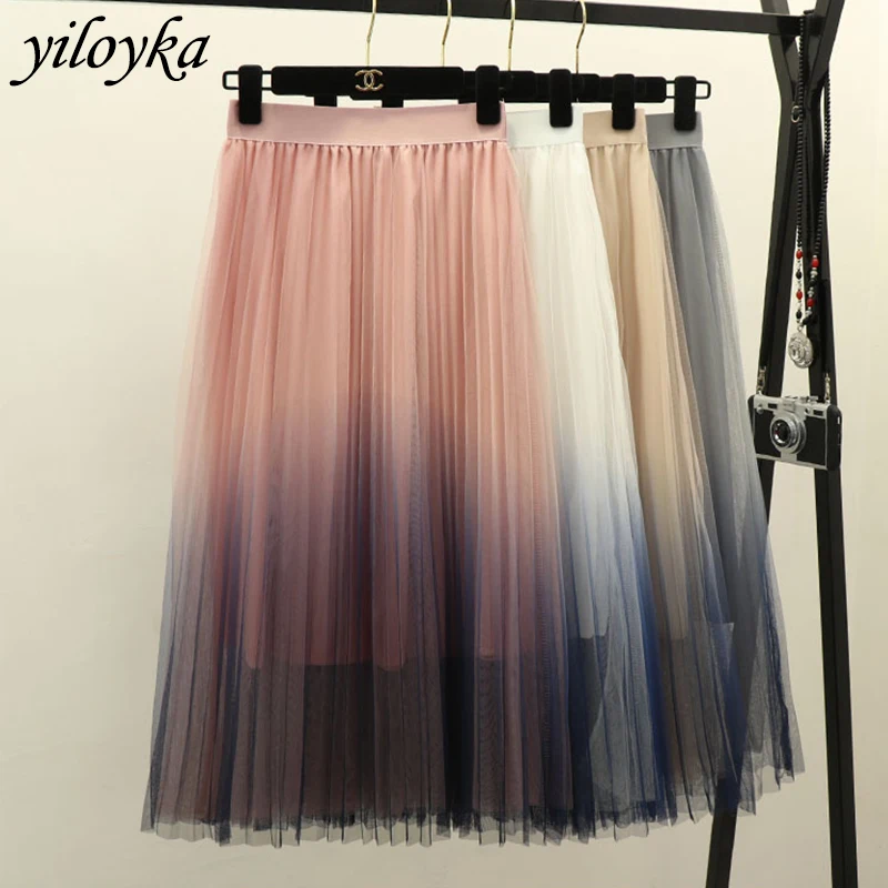 

New summer chic gradient color mesh skirt women pleated princess tulle skirt high waist mid-caif party holiday puff skirts women