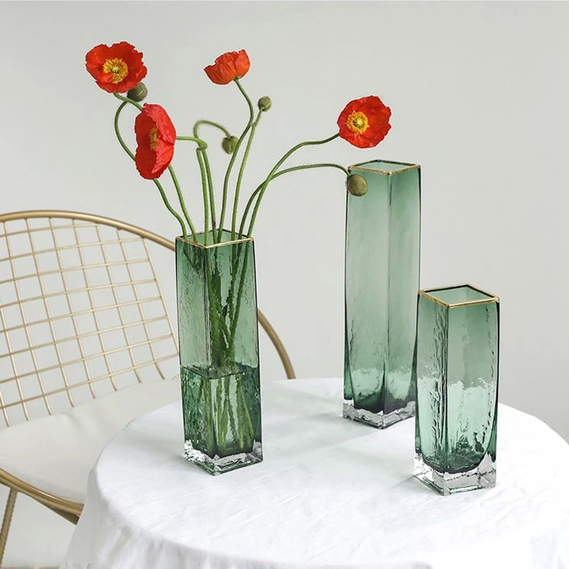 

Nordic Creative Gold Rim Glass Vase Green Transparent Square Hydroponic Flower Bottle Desktop Home Decoration Accessories