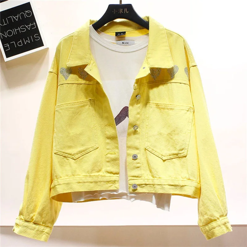 

Pink Purple Yellow Denim Jacket Women Korean Fashion 5 Color Diamonds Outerwear Loose Big Pocket Short Jeans Jackets Coat Female