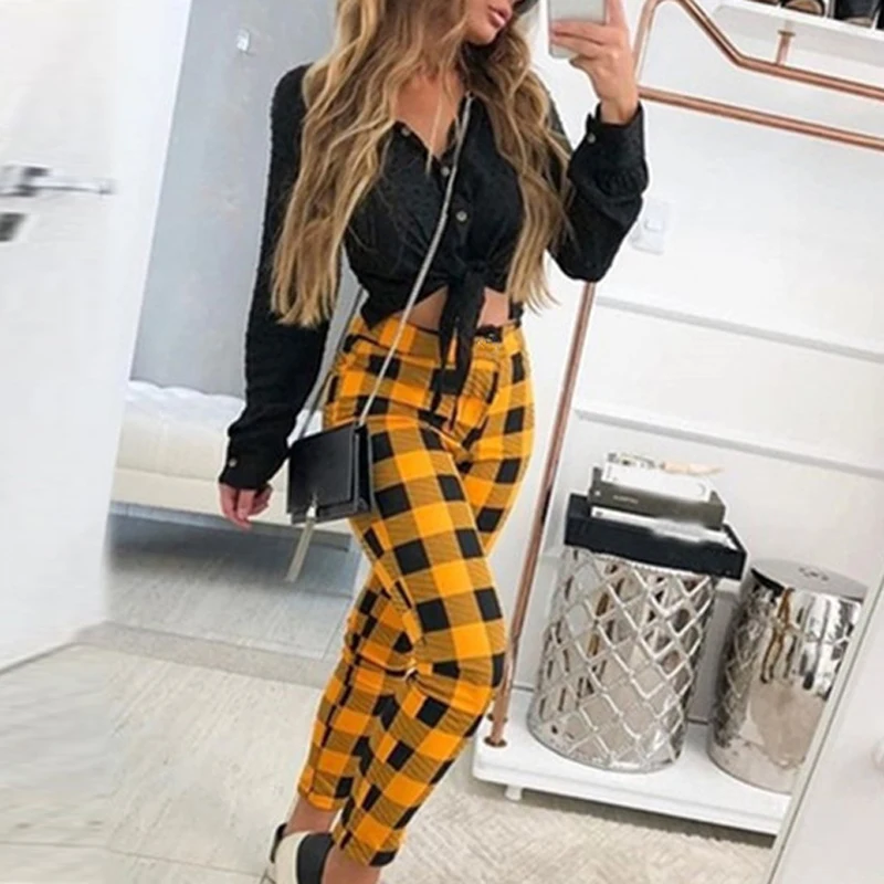 Весна 2020 длинные штаны с принтом в клетку для женщин модные прямые эластичной