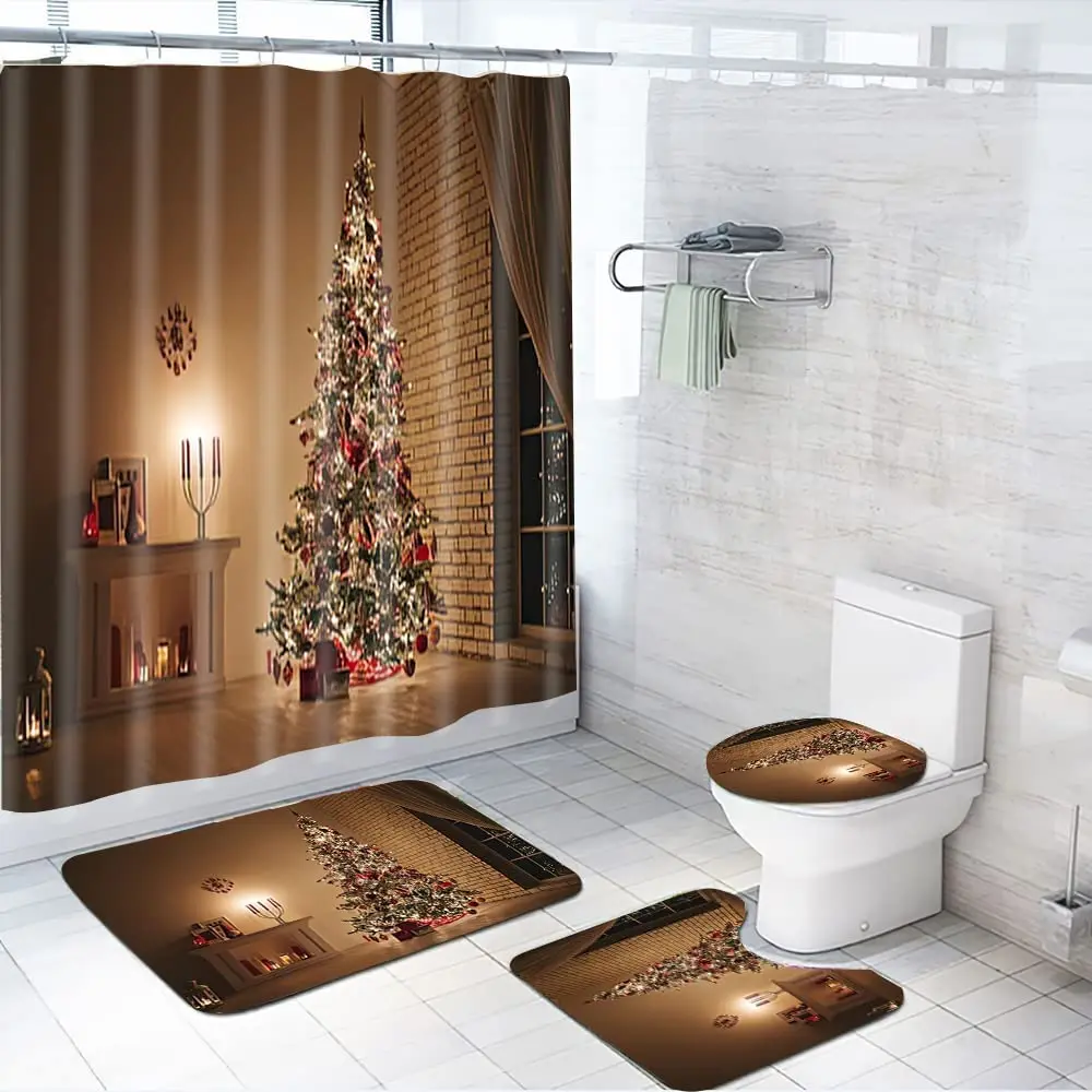 

Рождественское праздничное украшение, набор занавесок для душа, чехол на ковер, чехол для унитаза, коврик для ванной, наволочка, занавеска д...