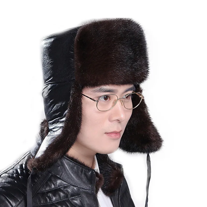 2019 теплая шапка авиатора мужская из меха норки с наушниками для папы