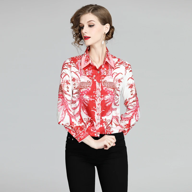 Женская винтажная блузка с Фениксом элегантная красная цветочным принтом