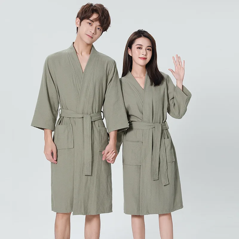 

Soft Loungewear Women Bathrobe Waffle Couple Nightwear Kimono Gown Intimate Lingerie Loose Sleepwear Nightgown Homewear